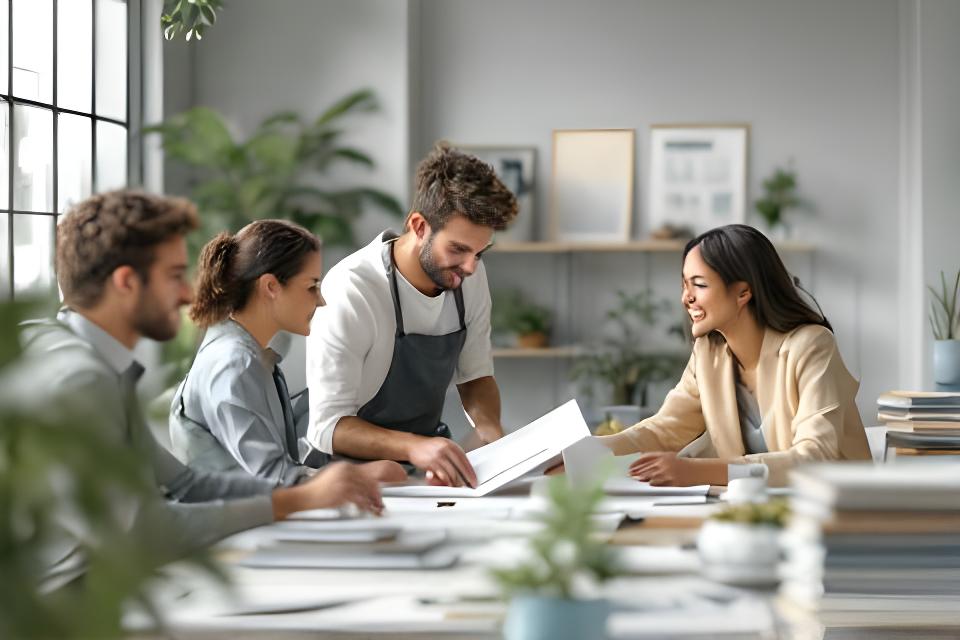 Equipo comercial atendiendo consultas en una oficina luminosa con planos y muestras de materiales