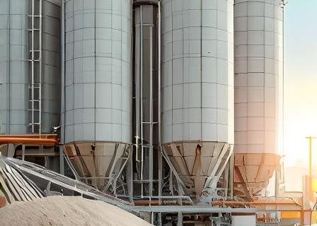 Silos de prehomogeneización con cintas transportadoras y material mineral en movimiento