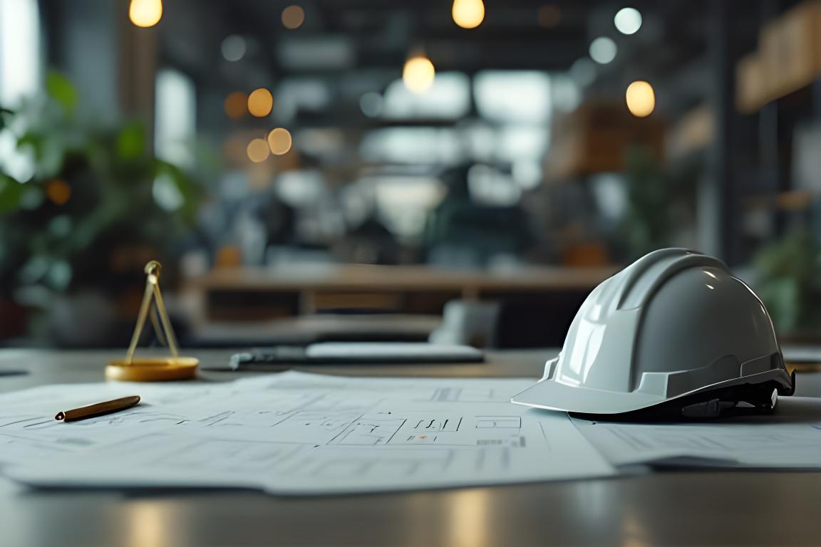Documentación legal sobre una mesa de trabajo junto a un casco y planos en una oficina industrial