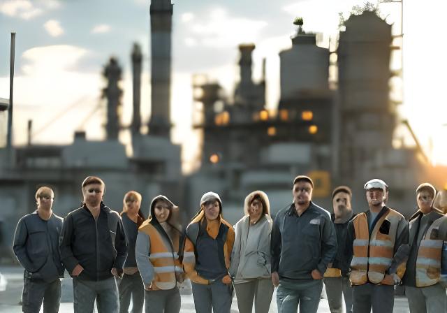 Familia empresaria y equipo técnico reunidos frente a la planta en una escena de trabajo y cercanía