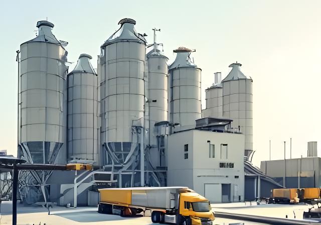 Planta moderna de cemento con silos altos, camiones de carga y movimiento logístico en una mañana despejada