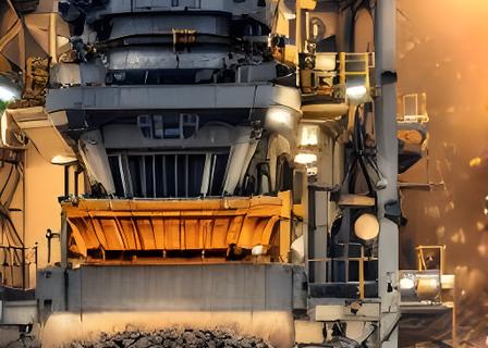 Trituradora industrial procesando piedra caliza en una nave de producción iluminada