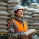 Operaria de planta con chaleco de seguridad observando bolsas de cemento listas para despacho