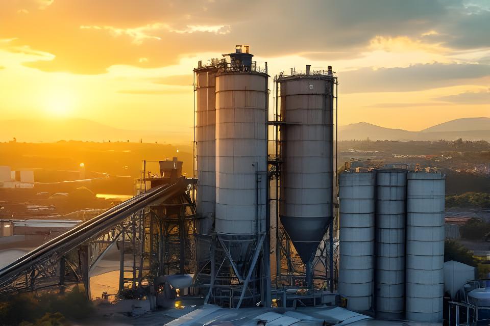 Planta de cemento moderna en San Justo al atardecer con silos, cintas transportadoras y luz cálida sobre el predio